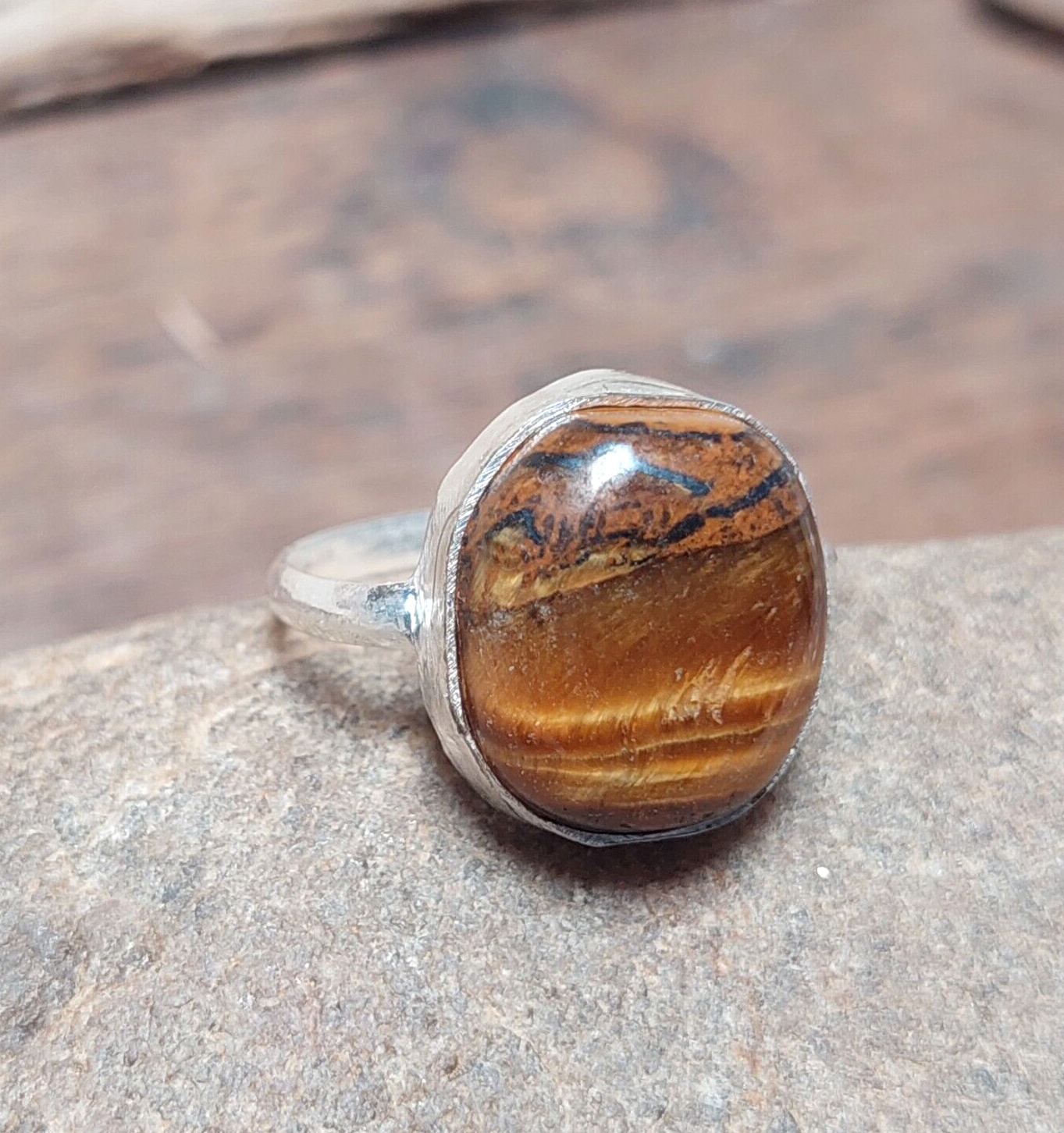 Oval Tiger Eye Men's Ring, 925 Sterling Silver Ring, August Birthstone Ring