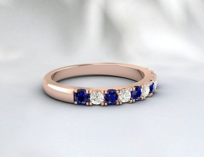 Blue Sapphire Half Eternity Band With Cz Diamond 925 Sterling Silver Lab Created