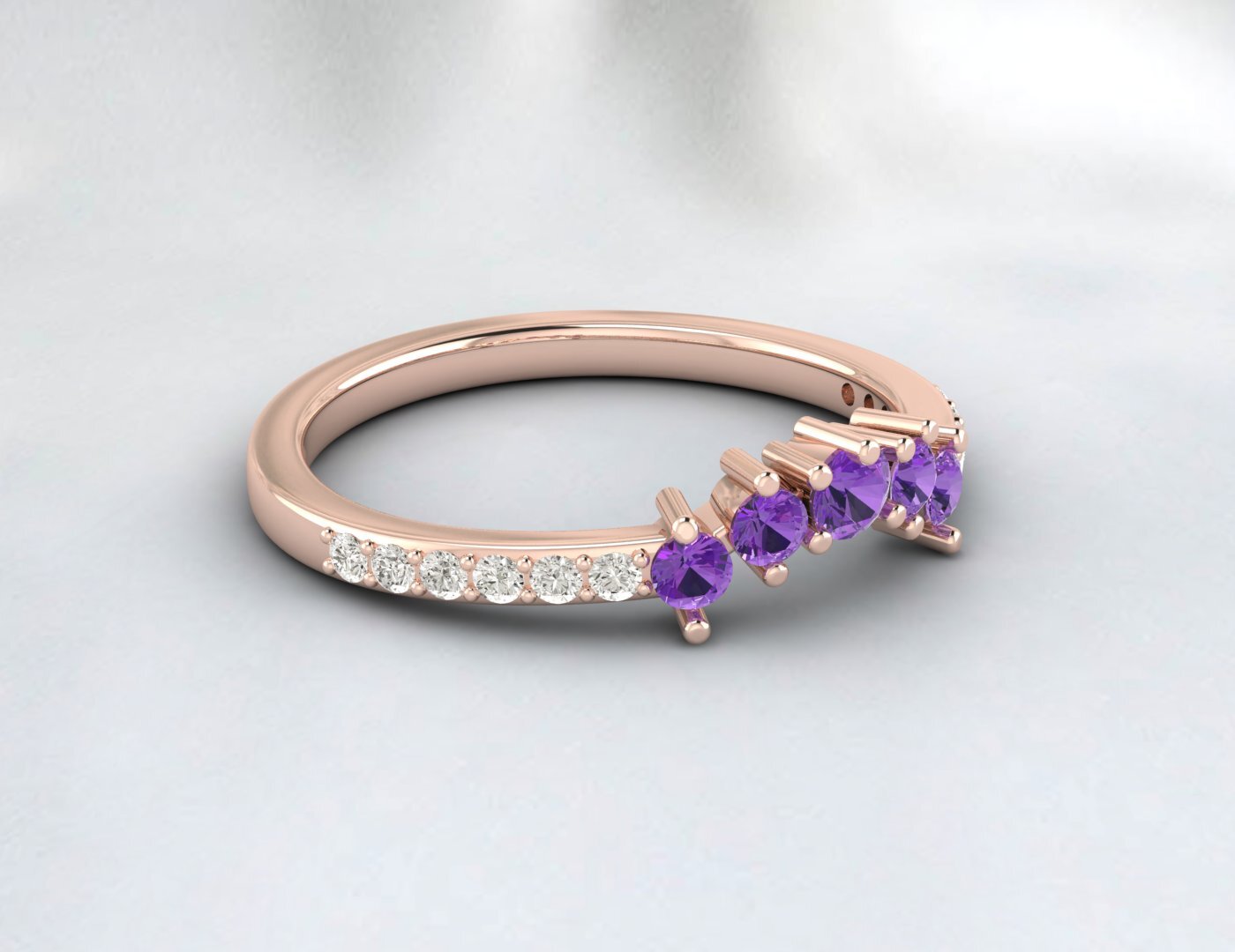 Natural Amethyst Curved Wedding Band Half Eternity Fine Silver 5 Gemstone