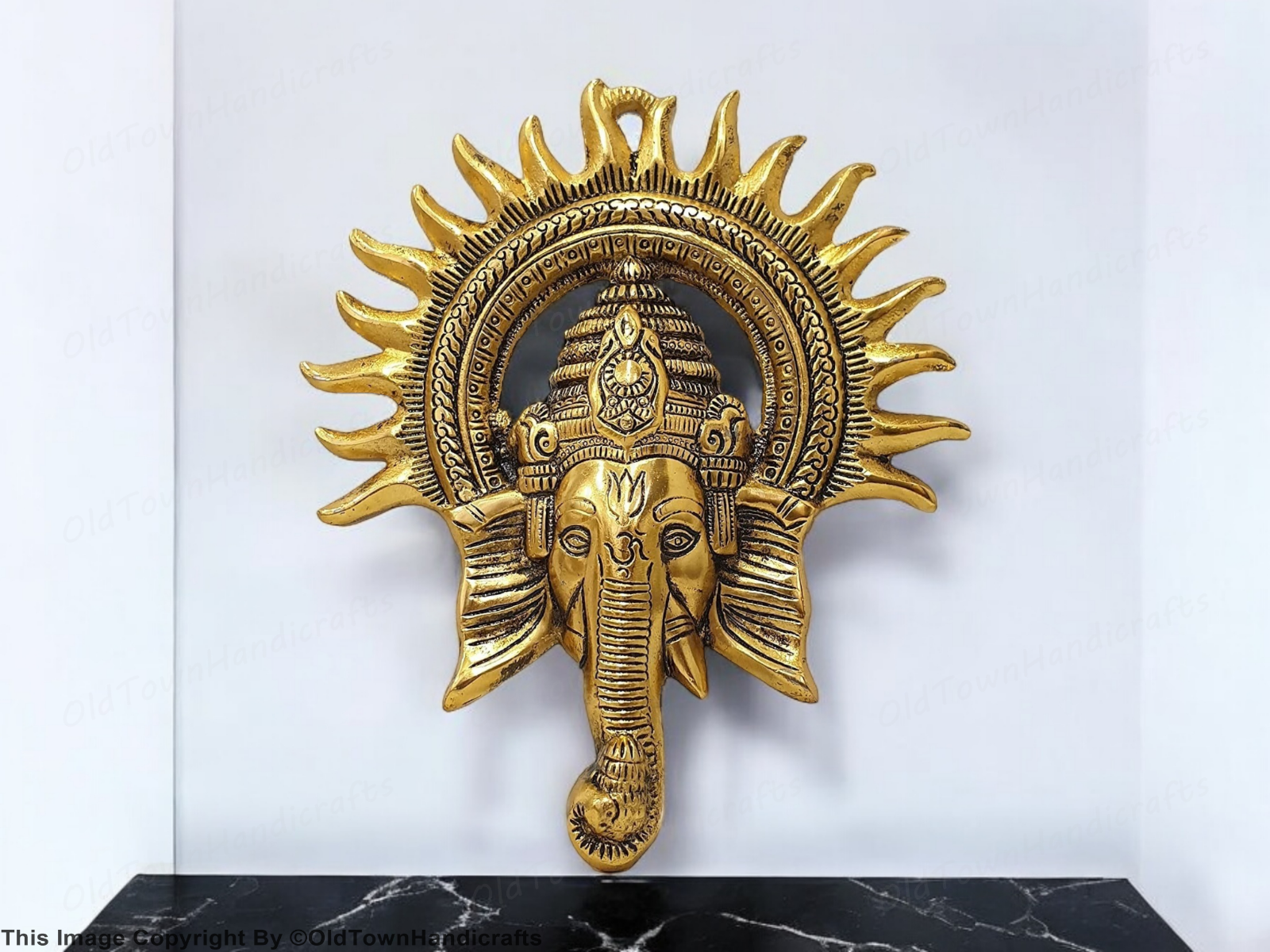 Brass Ganesha Idol with Surya Kiran Statue Hindu Ganesh Wall Decor Temple