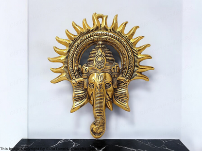 Brass Ganesha Idol with Surya Kiran Statue Hindu Ganesh Wall Decor Temple