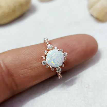 Round Cut Natural Fire Opal Halo Engagement Ring Silver Moissanite Women US5 ~15