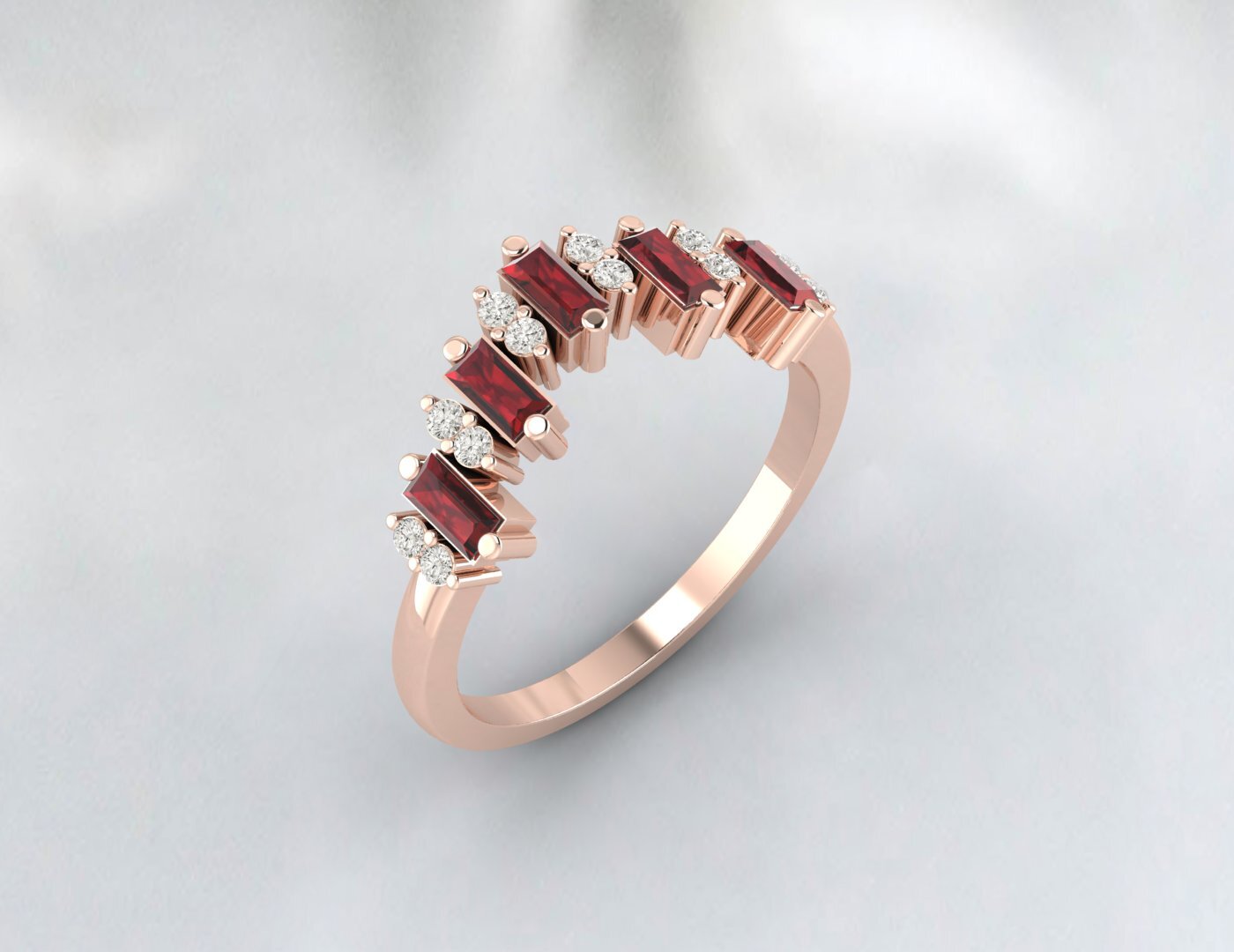 Natural Baguette Red Garnet Crown Wedding Band Fine Silver Daimond Stacking Band
