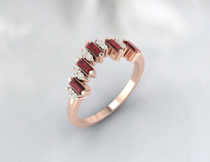 Natural Baguette Red Garnet Crown Wedding Band Fine Silver Daimond Stacking Band
