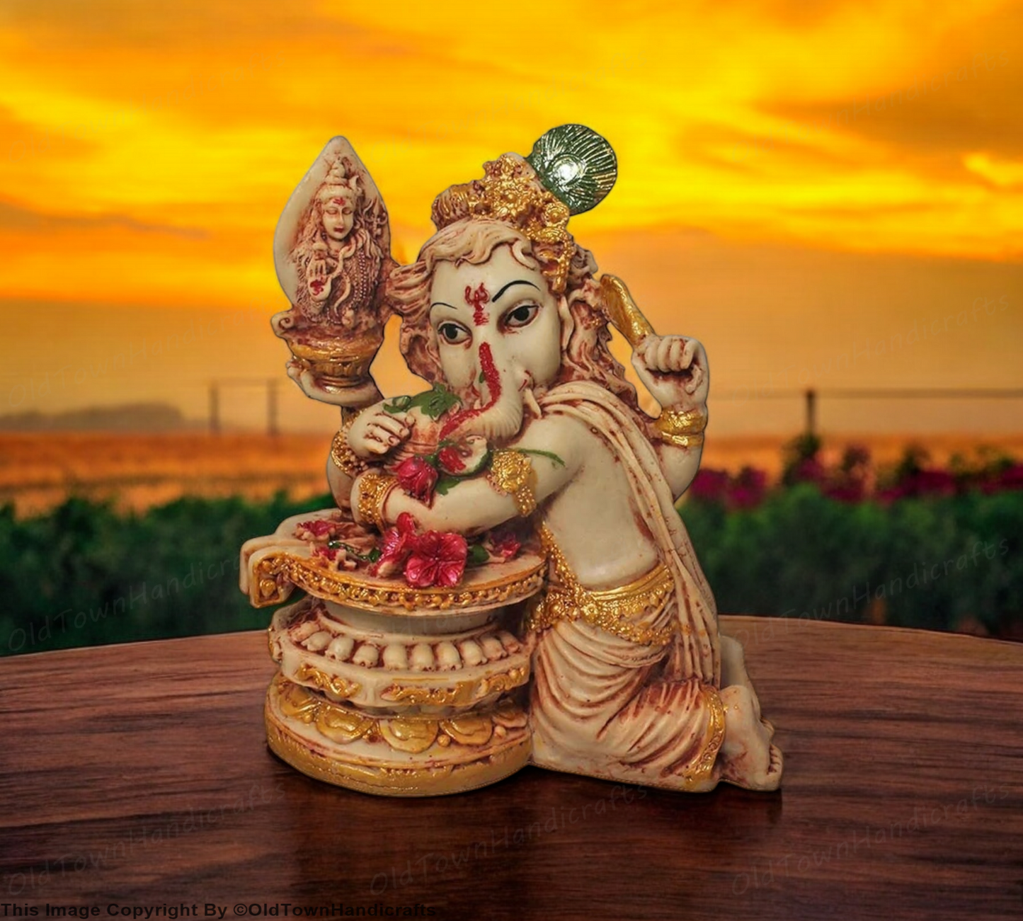 Ganesha with Shivling Statue Ganesh Cream Golden Decor Gift for Home & Office