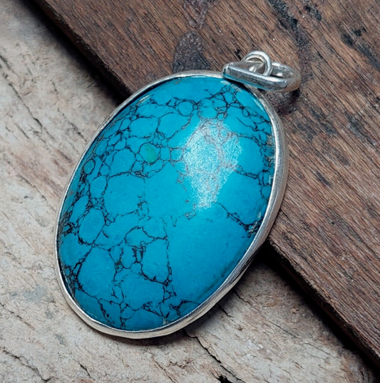 925 Sterling Silver Oval Turquoise Handmade Pendant,Dainty Pendant,Bezel Pendant