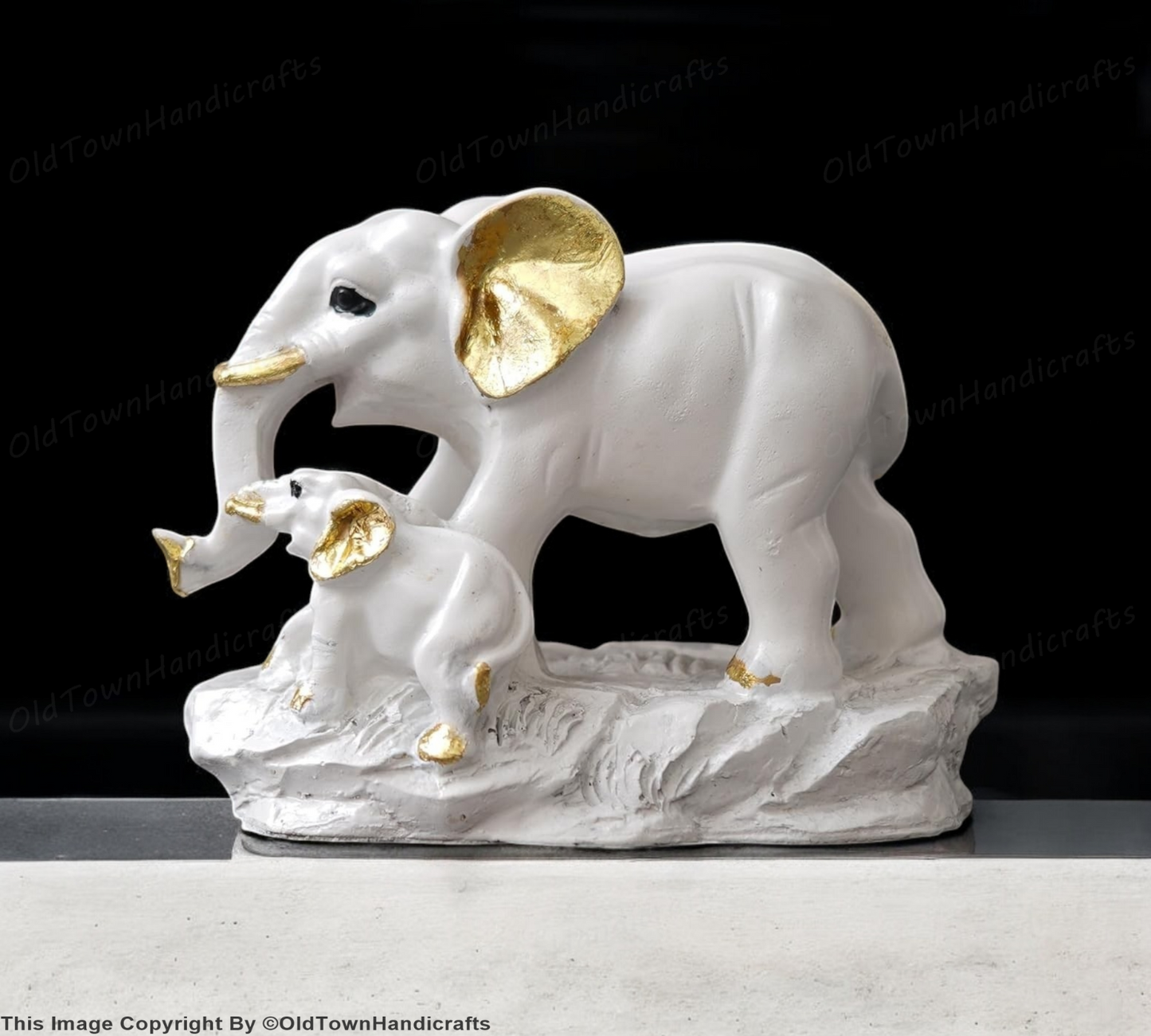 White & Golden Elephant with Baby Statue Decorative Showpiece for Home Office