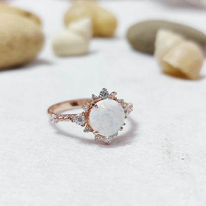Round Cut Natural Fire Opal Halo Engagement Ring Silver Moissanite Women US5 ~15