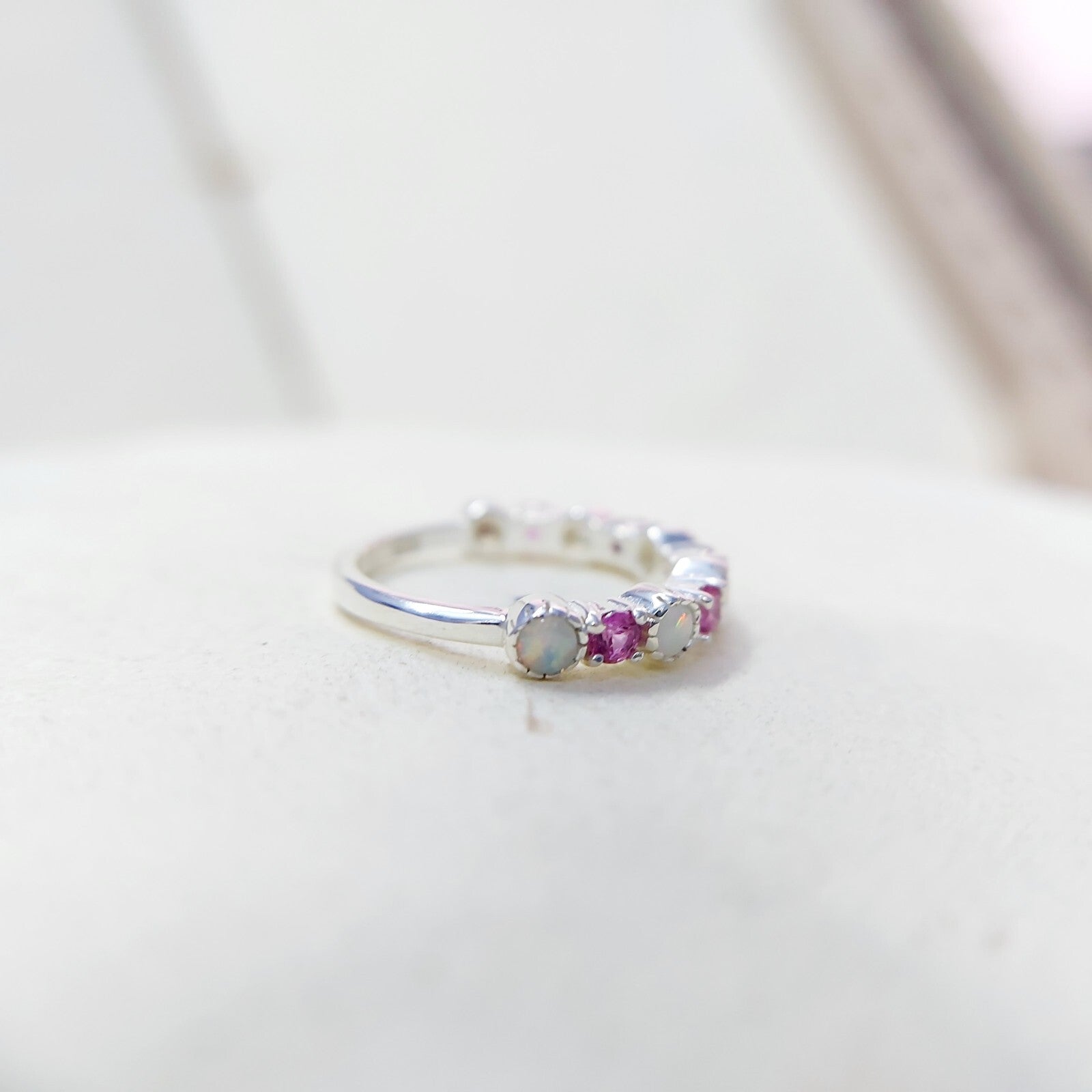 Opal and Ruby Wedding Ring Half Eternity Band Silver Stackable Band Gift Us5~ 15