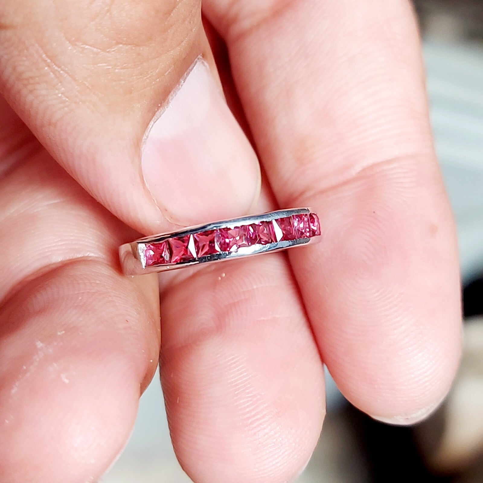 Pink Tourmaline Eternity Band Princess Cut 925 Silver Gift Ring US5~15 Elegant