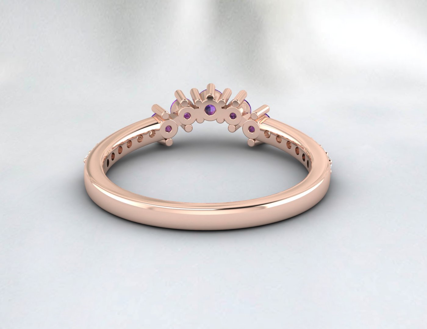 Natural Amethyst Curved Wedding Band Half Eternity Fine Silver 5 Gemstone