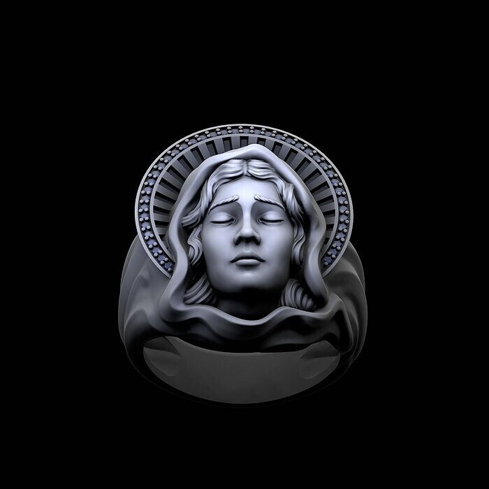925 Sterling Silver Saint Mary Ring US5 ~15 Illuminated Mother Mary Signet Ring