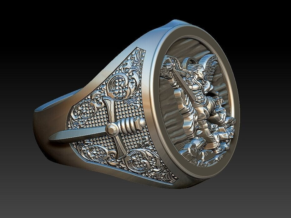 St Michael Sword Ring 925 Sterling Silver Archangel Signet Style Men Ring US5–15