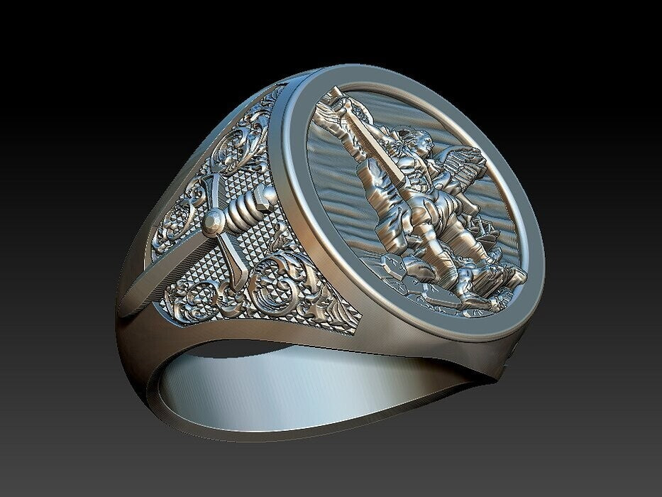 St Michael Sword Ring 925 Sterling Silver Archangel Signet Style Men Ring US5–15
