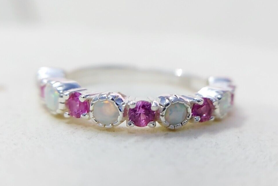 Opal and Ruby Wedding Ring Half Eternity Band Silver Stackable Band Gift Us5~ 15