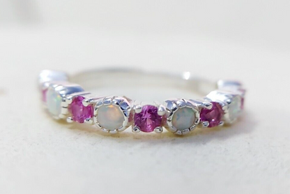 Opal and Ruby Wedding Ring Half Eternity Band Silver Stackable Band Gift Us5~ 15