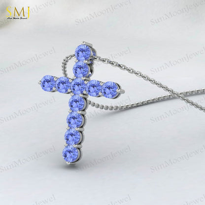 Natural Blue Tanzanite Cross Pendant 925 Sterling Silver Necklace