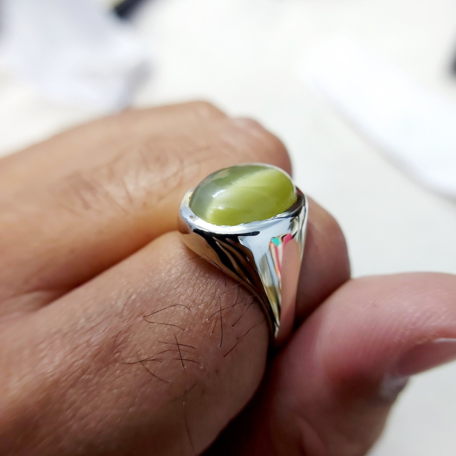 Yellow Cats Eye Chrysoberyl Ring Wide Band Handmade 925 Silver Men Ring US5~15