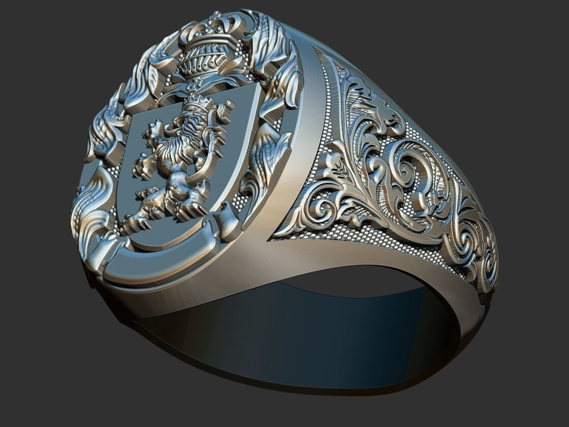 Lion And Roosters Coat of Arms Signet Silver 925 Men's Ring US7-15 Animal Lover