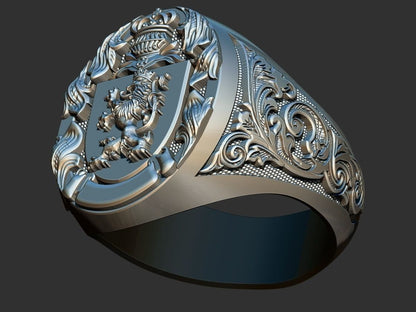 Lion And Roosters Coat of Arms Signet Silver 925 Men's Ring US7-15 Animal Lover