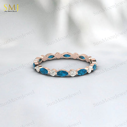 Full eternity Natural London Blue Topaz wedding band Marquise 925 Silver