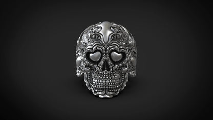 925 Sterling Silver Biomechanical Skull of Love Ring US7~15 Oxidized Biker Rider