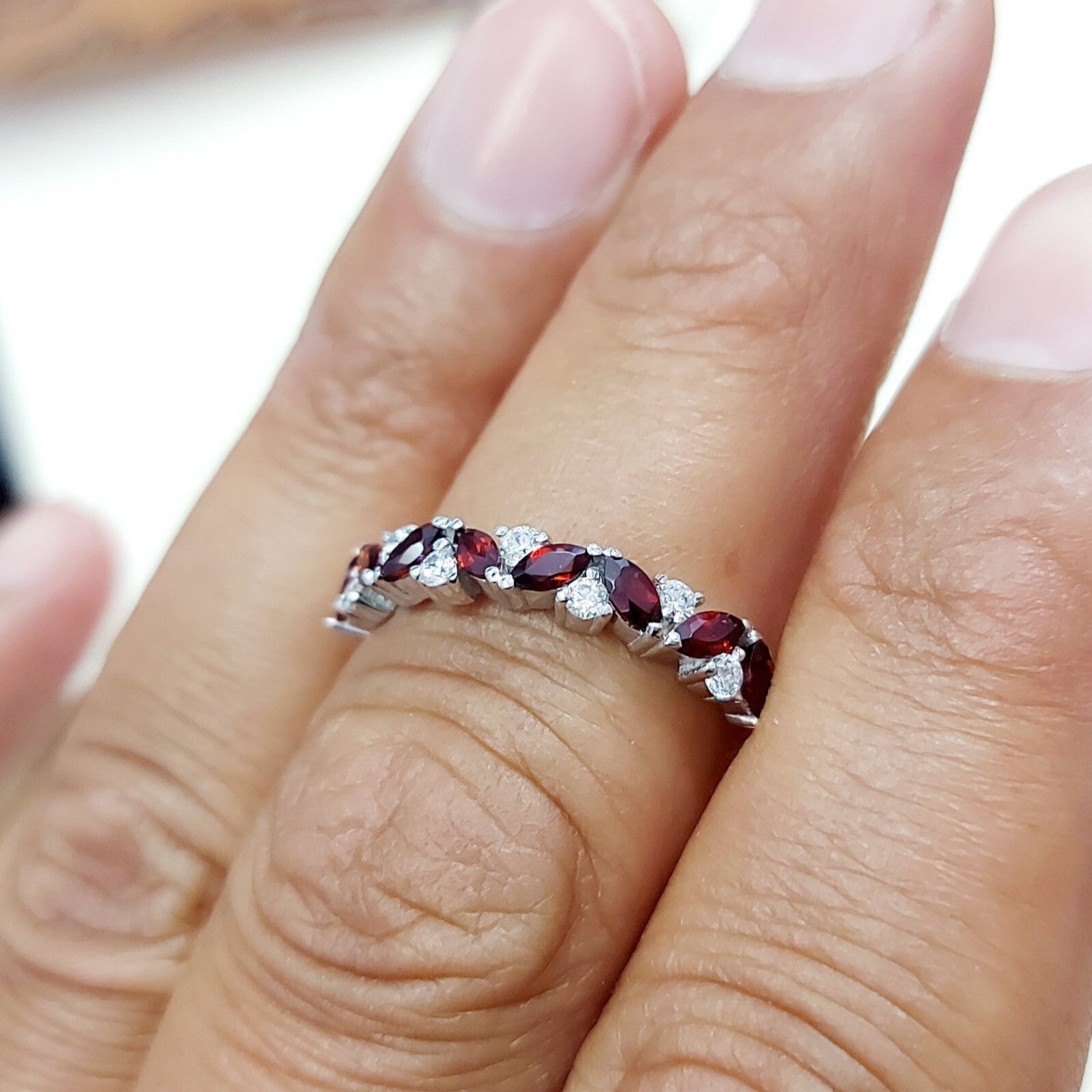 Marquise Cut Red Garnet Half Band Engagement Ring 925 Silver Women Ring Us5~15