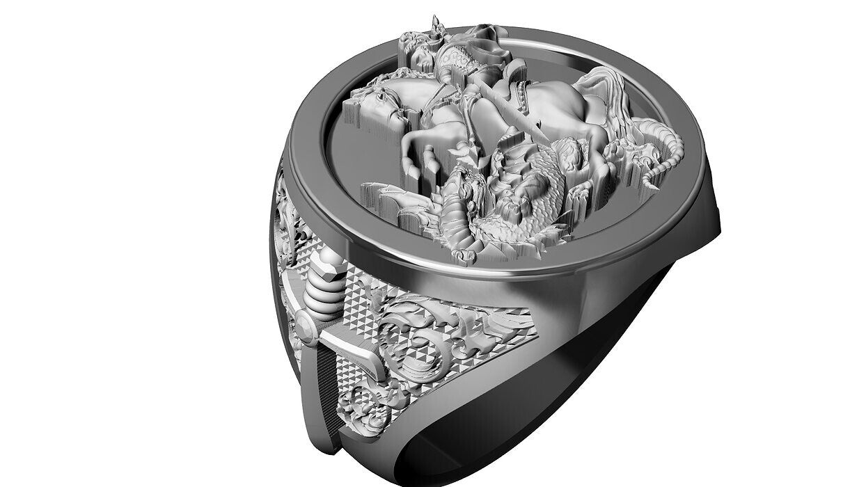 Saint George Cross Dragon Ring 925 Silver Signet Ring US5~15 Gift For Men Women