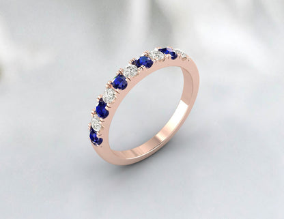 Blue Sapphire Half Eternity Band With Cz Diamond 925 Sterling Silver Lab Created