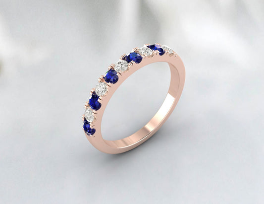 Blue Sapphire Half Eternity Band With Cz Diamond 925 Sterling Silver Lab Created