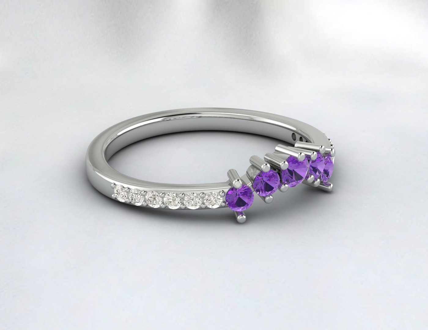 Natural Amethyst Curved Wedding Band Half Eternity Fine Silver 5 Gemstone