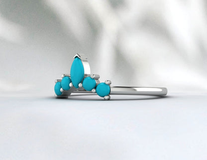 Natural Pear Turquoise Crown Wedding Band Fine Silver Stacking Matching Band