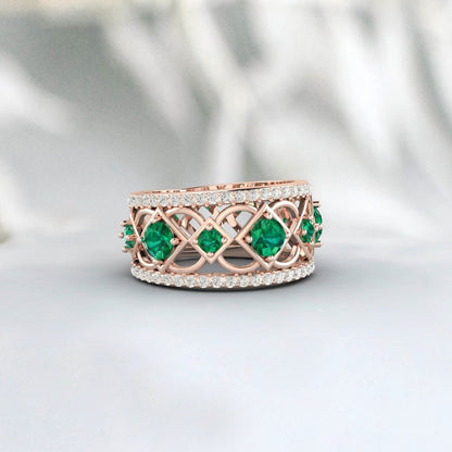 Lab Created Emerald 925 Sterling Silver Rose Gold Prong Stacking Matching Band 
