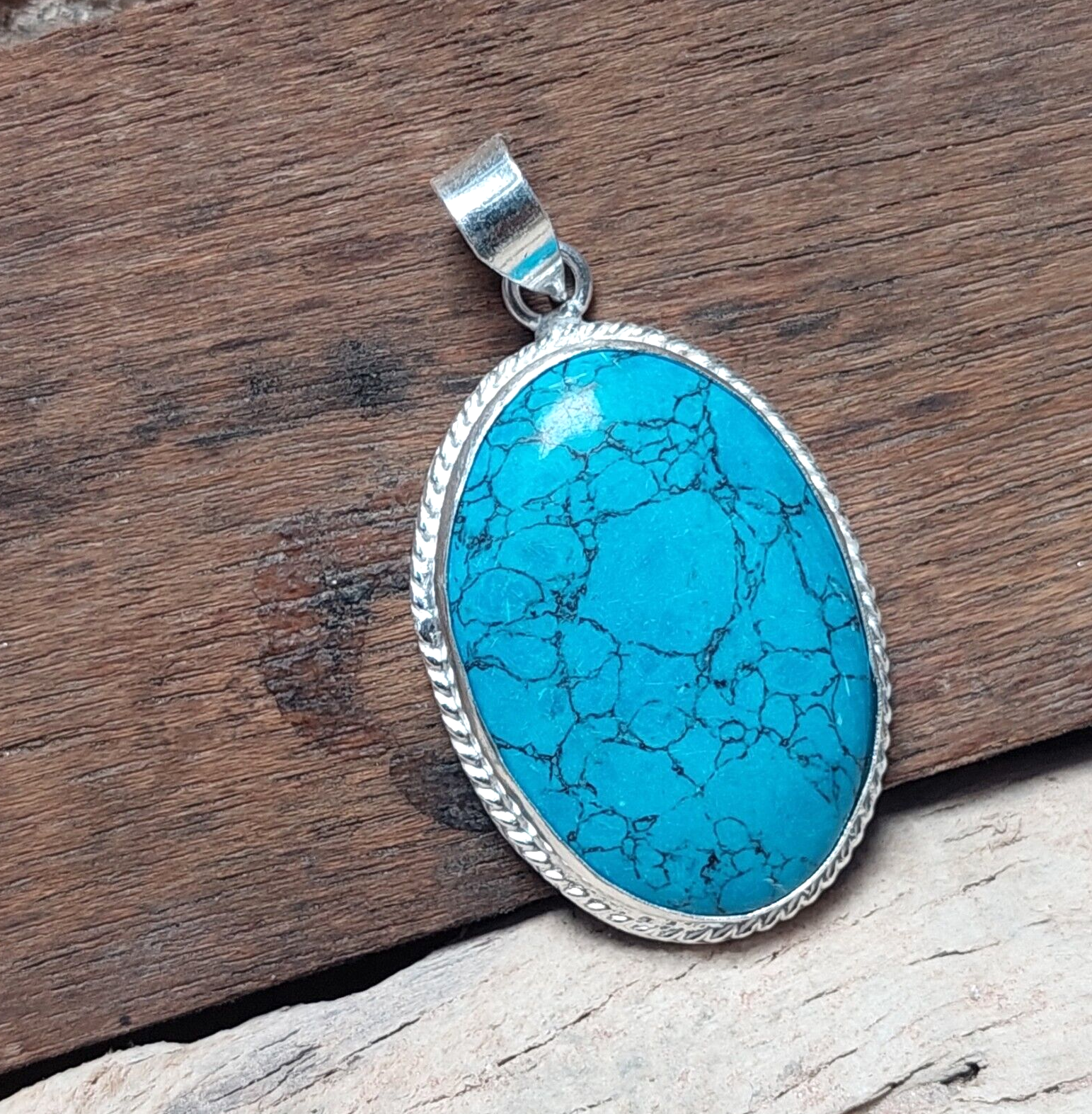 Blue Turquoise Gemstone 925 Sterling Silver Handmade Pendant,Ethni Boho Pendant