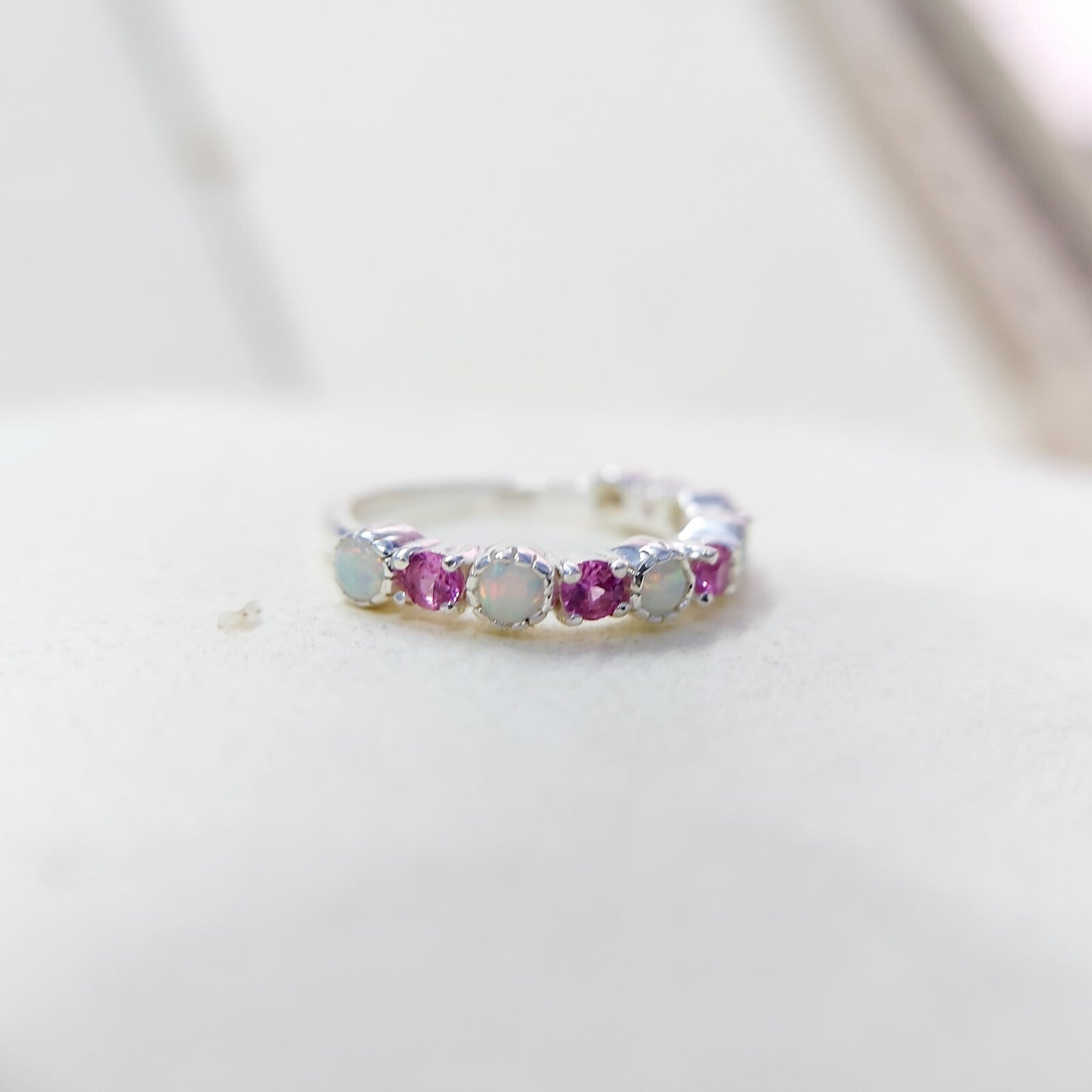 Opal and Ruby Wedding Ring Half Eternity Band Silver Stackable Band Gift Us5~ 15
