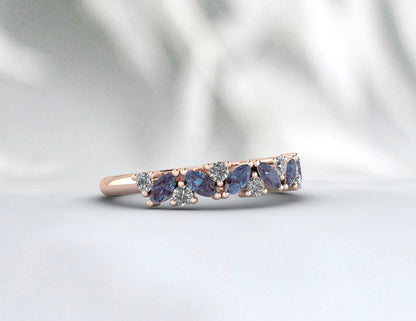 Natural Marquise Alexandrite Wedding Band Half Eternity 925 Silver Birthstone