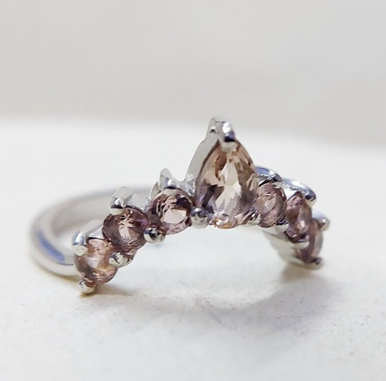 Morganite V Chevron Wedding Band Silver Art Deco Stacking Gift Women Ring US5~15
