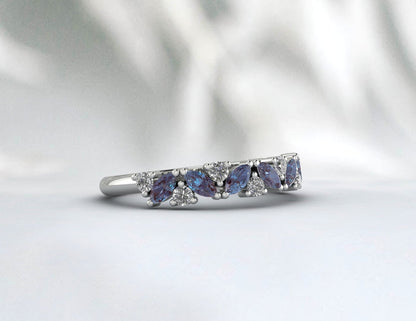 Natural Marquise Alexandrite Wedding Band Half Eternity 925 Silver Birthstone