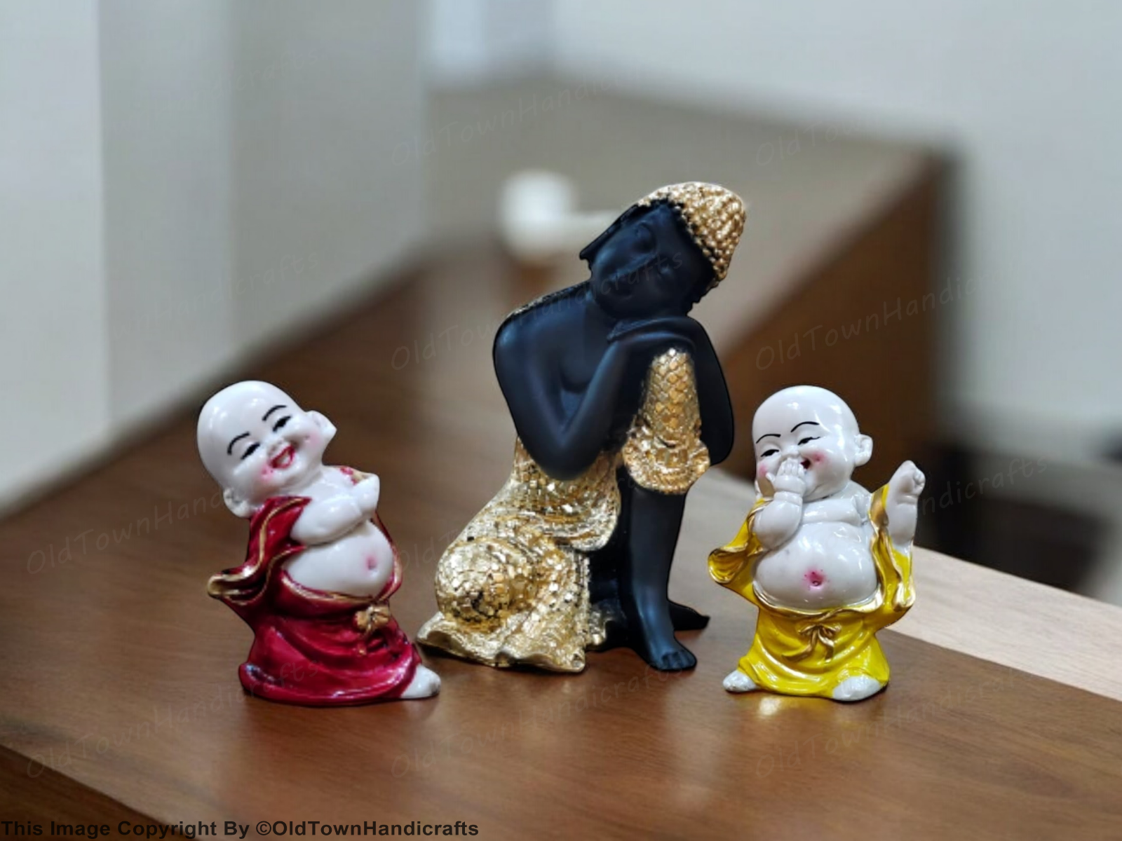 Divine Resting Buddha Idol with Two Child Monks Home Office Decor Gift Showpiece
