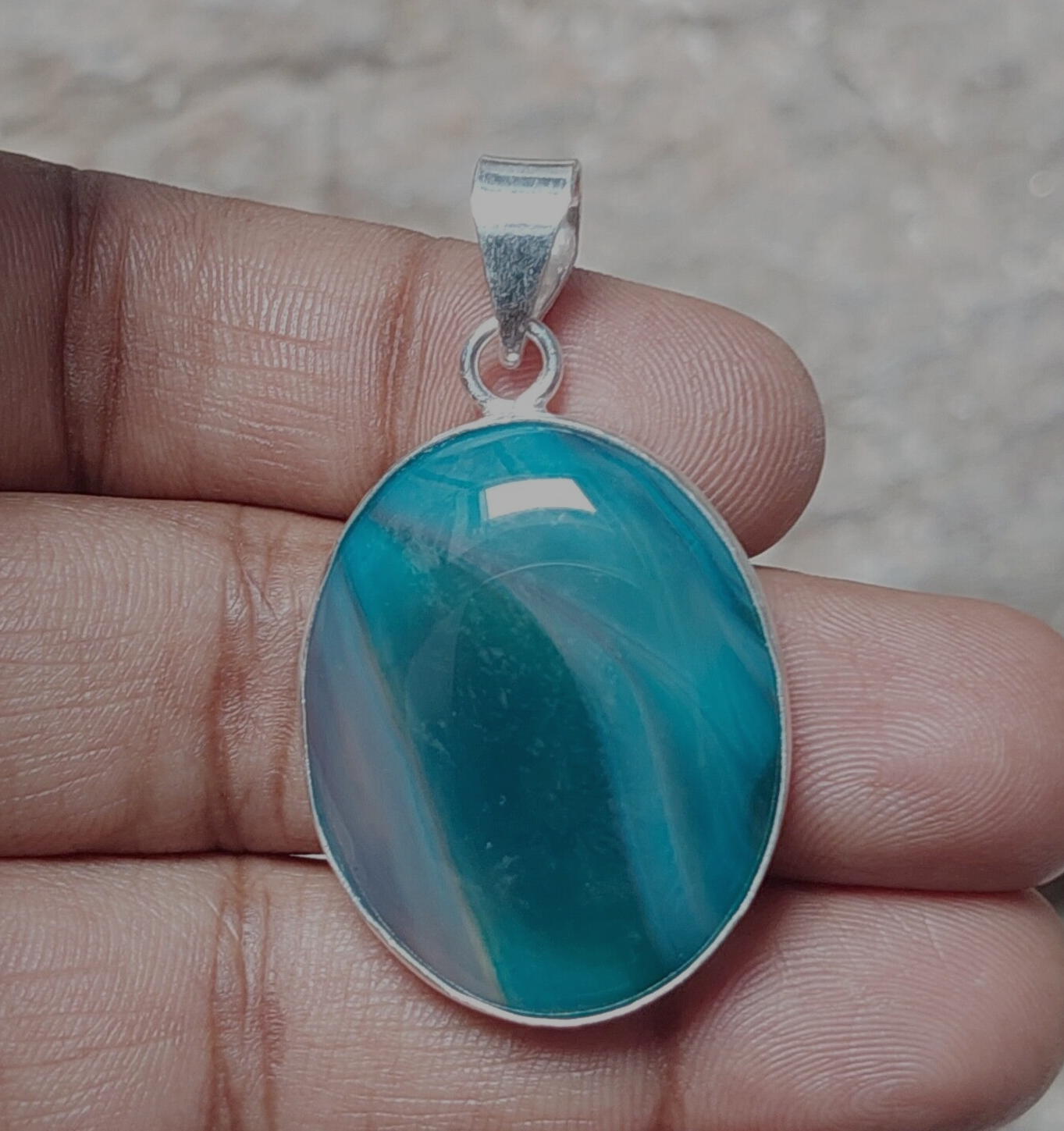 Oval Natural Green Banded Agate Gemstone 925 Silver Bezel Pendant Gift For Her