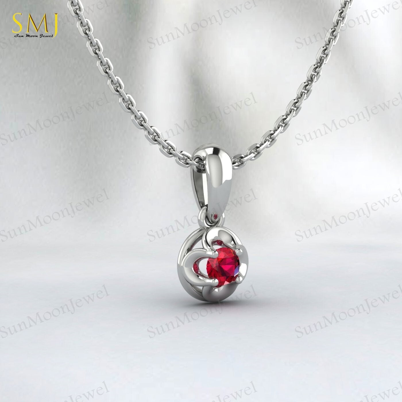 Lab Created Red Ruby Necklace July Birthstone 925 Sterling Silver Gift For Love