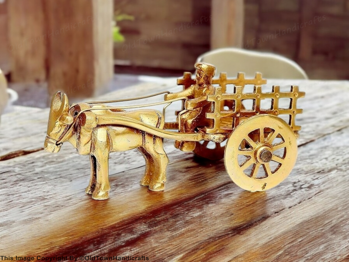Brass Vintage Bullock Cart Showpiece Home Decor with Double Bull 6cm