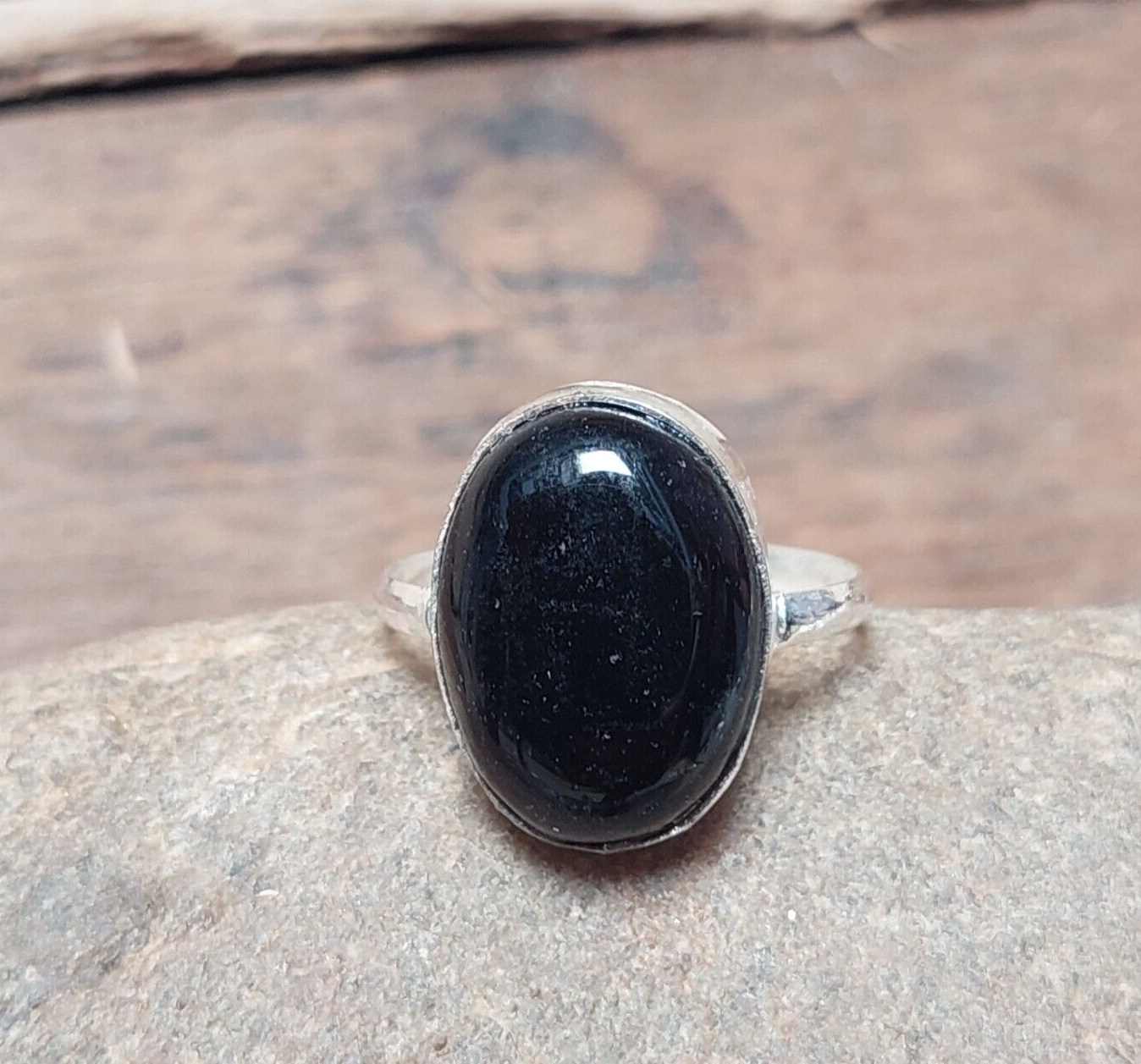 Oval Black Onyx Ring,925 Sterling Silver Ring with Flat Oval Stone,Genuine Onyx