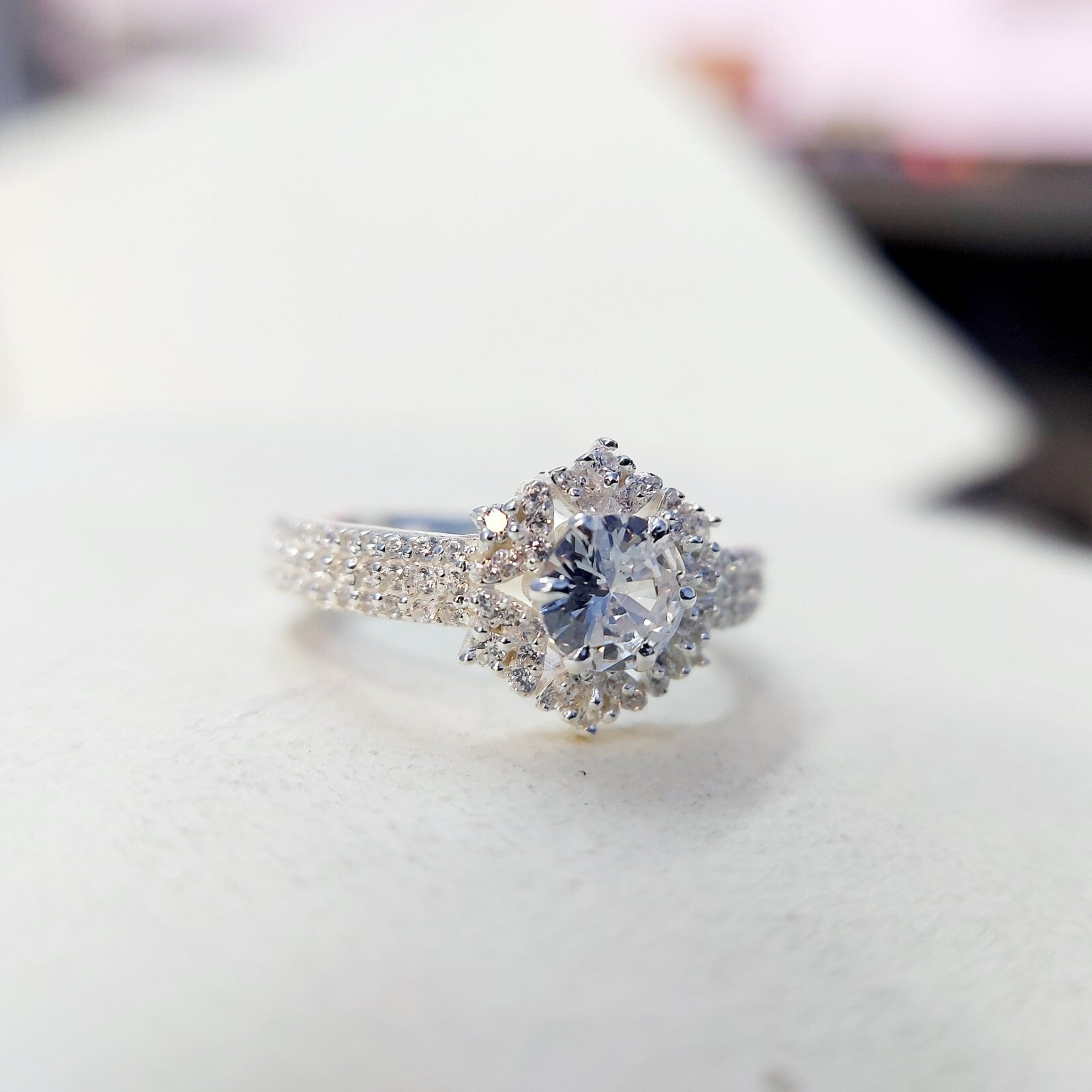 Halo Moissanite Flower Ring Lab Grown Silver Ring for Women Wedding Gift US5-15