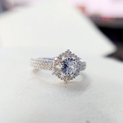 Halo Moissanite Flower Ring Lab Grown Silver Ring for Women Wedding Gift US5-15