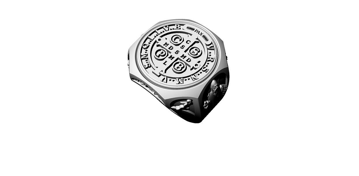 925 Sterling Silver Saint Benedict Medal Ring US5~15 Silver Tone Band Strap Ring
