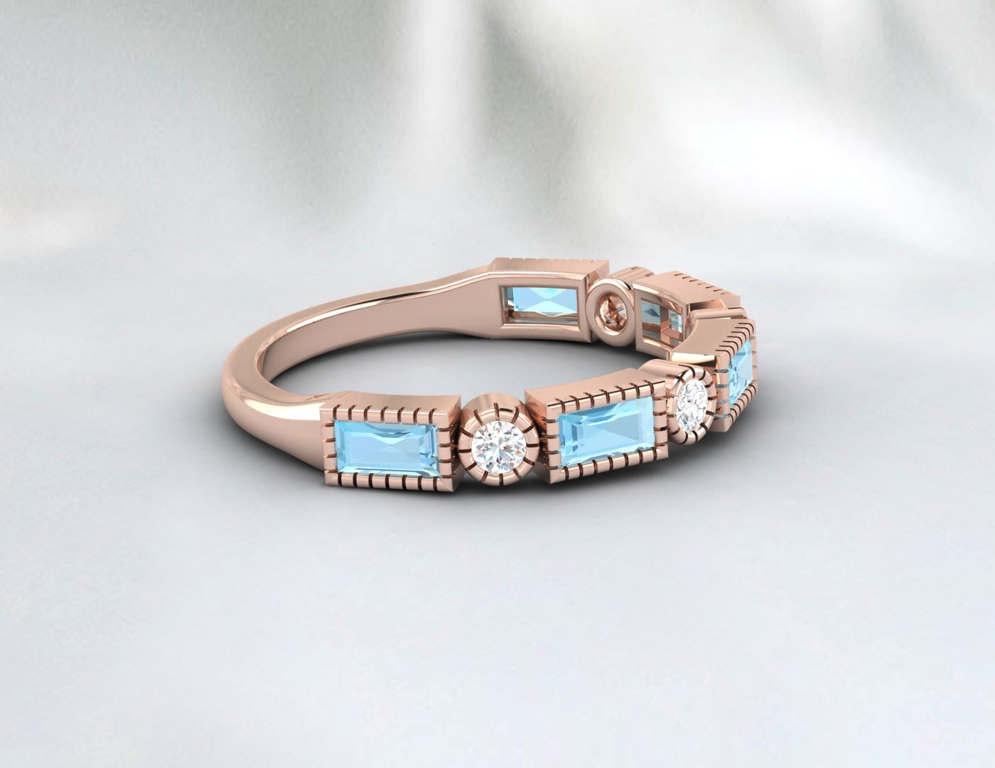 Natural Baguette Blue Aquamarine & Cubic Zirconia Half Eternity Fine Silver Band