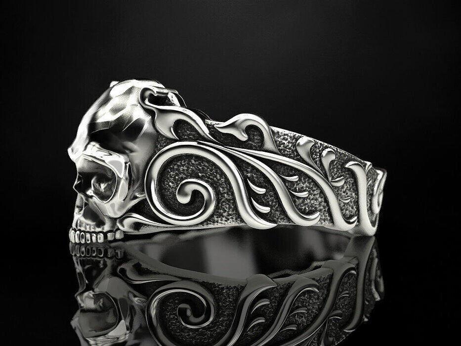 925 Sterling Silver US5-15 Men's Skull Pattern Gothic Biker Designer Look Ring