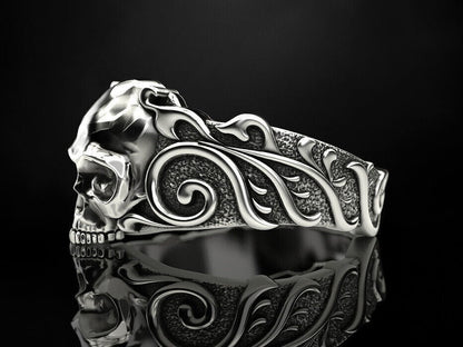925 Sterling Silver US5-15 Men's Skull Pattern Gothic Biker Designer Look Ring