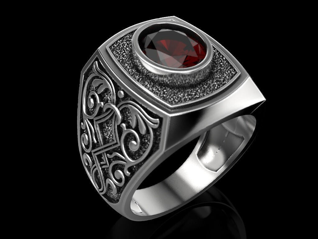 Natural Red Stone Sapphire Gemstone Ring 925 Silver Men Signet Ring Gift US5-15